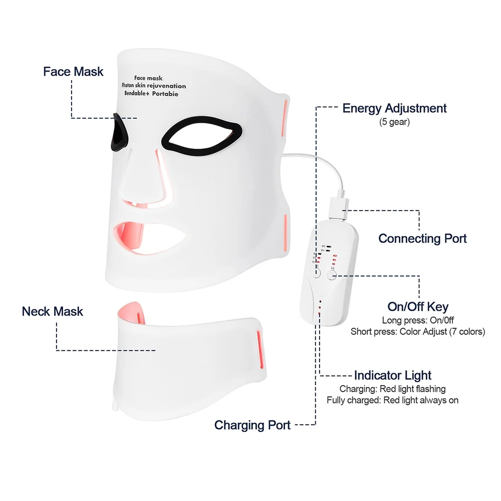 Silicone LED Mask Face With Neck 7 Colors LED Photon Red Light Infrared Therapy Flexible Facial Mask Repair Skin Wireless Use Silicone LED Mask Face With Neck 7 Colors LED Photon Red Light Infrared Therapy Flexible Facial Mask Repair Skin Wireless Use