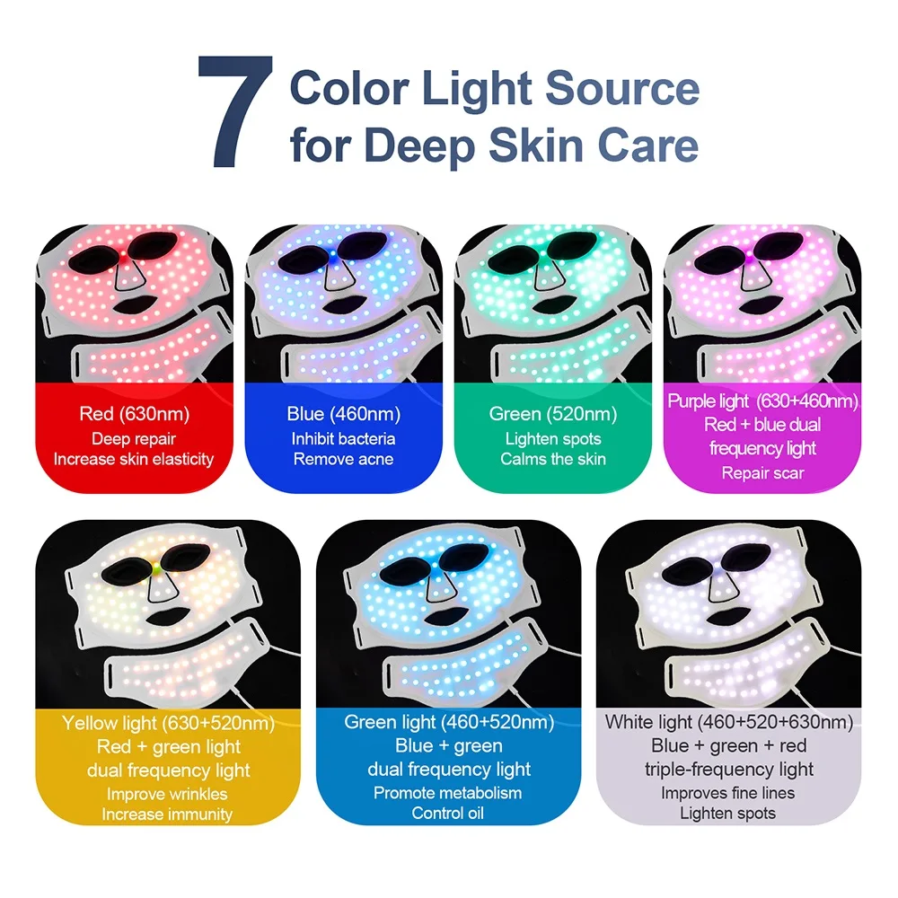 Silicone LED Mask Face With Neck 7 Colors LED Photon Red Light Infrared Therapy Flexible Facial Mask Repair Skin Wireless Use Silicone LED Mask Face With Neck 7 Colors LED Photon Red Light Infrared Therapy Flexible Facial Mask Repair Skin Wireless Use