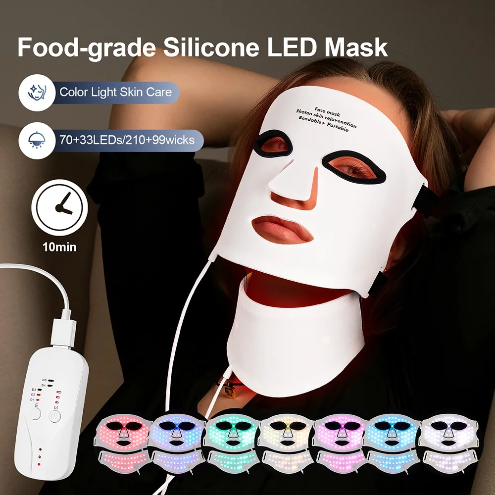 Silicone LED Mask Face With Neck 7 Colors LED Photon Red Light Infrared Therapy Flexible Facial Mask Repair Skin Wireless Use Silicone LED Mask Face With Neck 7 Colors LED Photon Red Light Infrared Therapy Flexible Facial Mask Repair Skin Wireless Use