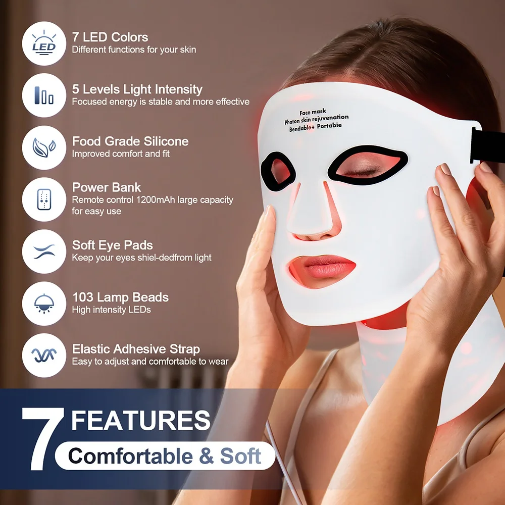 Silicone LED Mask Face With Neck 7 Colors LED Photon Red Light Infrared Therapy Flexible Facial Mask Repair Skin Wireless Use Silicone LED Mask Face With Neck 7 Colors LED Photon Red Light Infrared Therapy Flexible Facial Mask Repair Skin Wireless Use