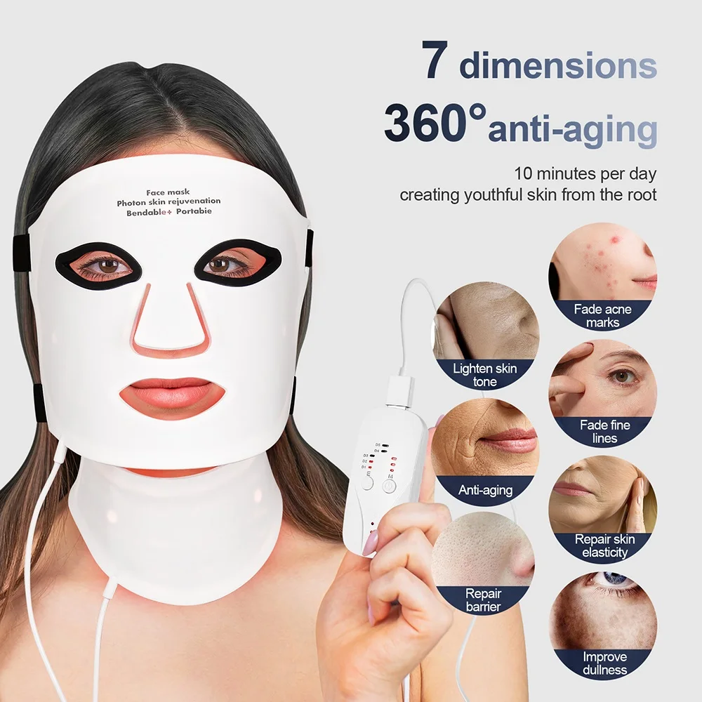 Silicone LED Mask Face With Neck 7 Colors LED Photon Red Light Infrared Therapy Flexible Facial Mask Repair Skin Wireless Use Silicone LED Mask Face With Neck 7 Colors LED Photon Red Light Infrared Therapy Flexible Facial Mask Repair Skin Wireless Use