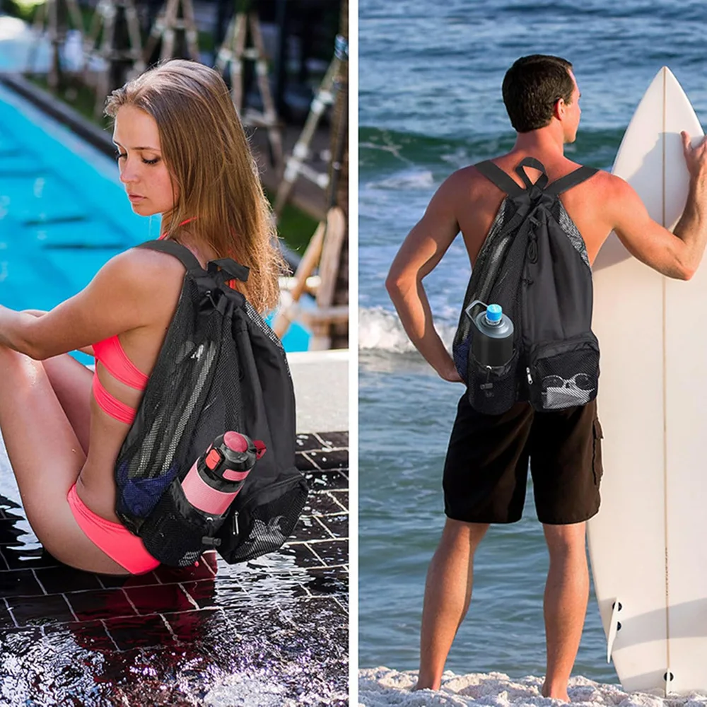 Mesh backpack, swimming drawstring bag, backpack with wet pocket, beach storage backpack, outdoor fishing bag Mesh backpack, swimming drawstring bag, backpack with wet pocket, beach storage backpack, outdoor fishing bag