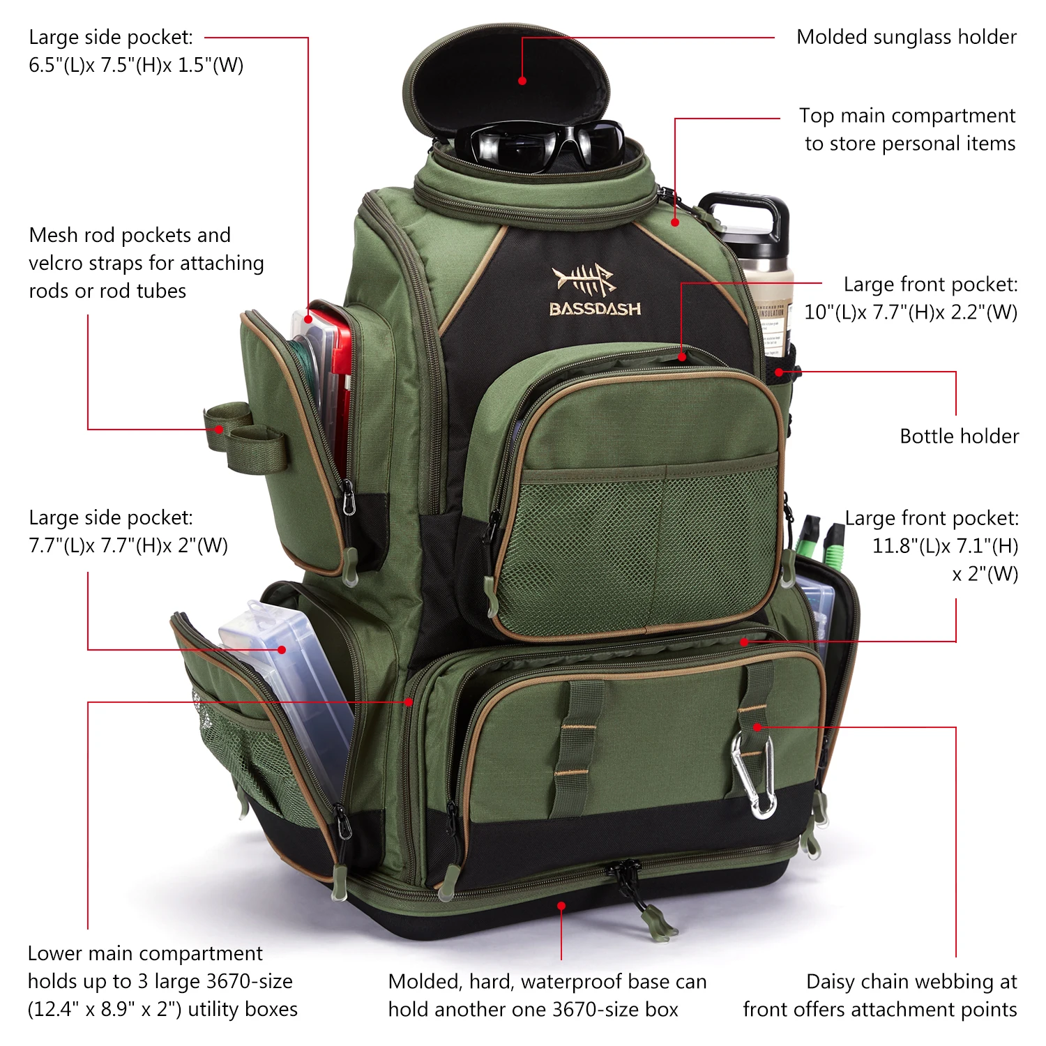 Bassdash Army Green Tactical Backpack Fishing Tackle Shoulder Bag With Protective Rain Cover SD2 - Image 3