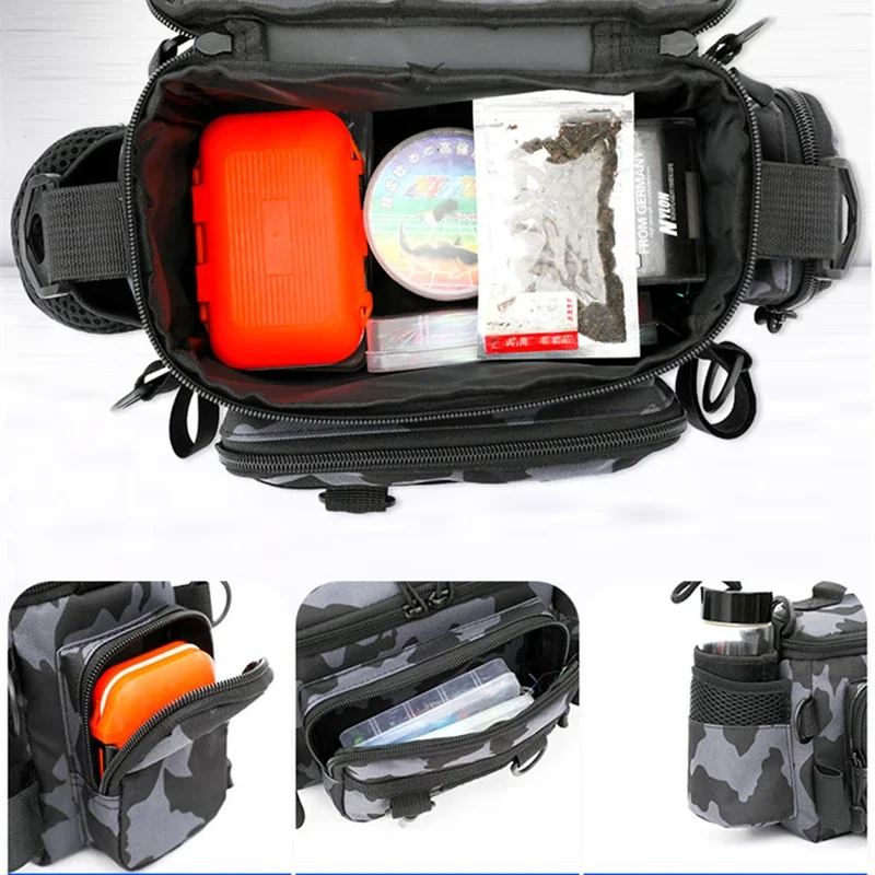 Black Fishing Tackle Shoulder Bag Storage Waist Bag，Outdoor Sports Bag with Fishing Rod Holder