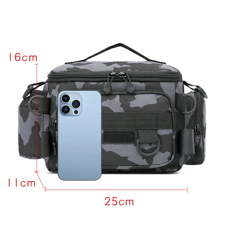 Black Fishing Tackle Shoulder Bag Storage Waist Bag，Outdoor Sports Bag with Fishing Rod Holder