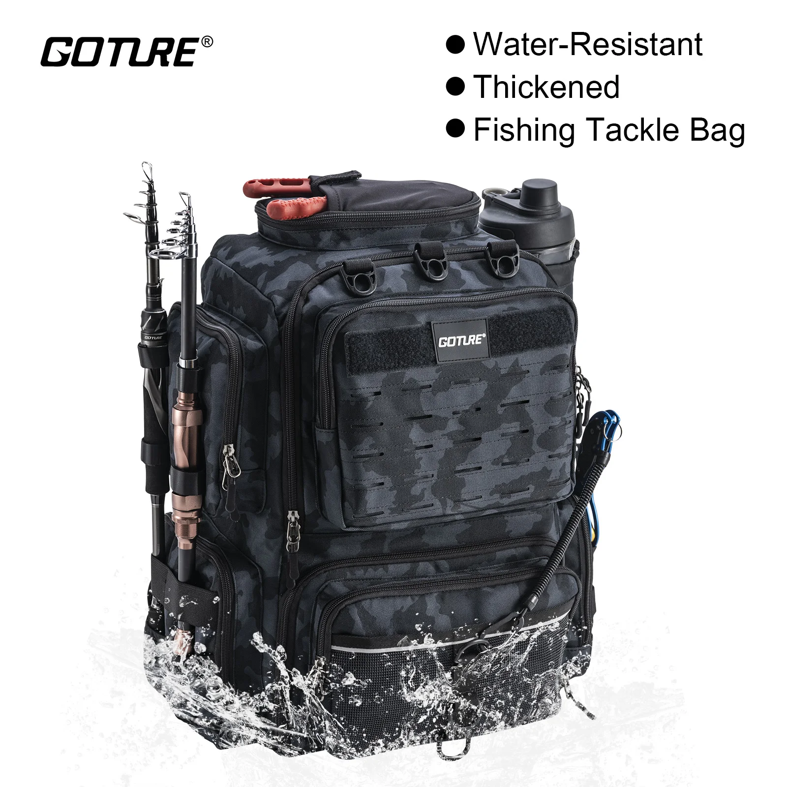 Goture Water-Resistant Fishing Backpack Lightweight Large Hiking Hunting Bag with Rod Holder Adjustable Tackle Storage Pack