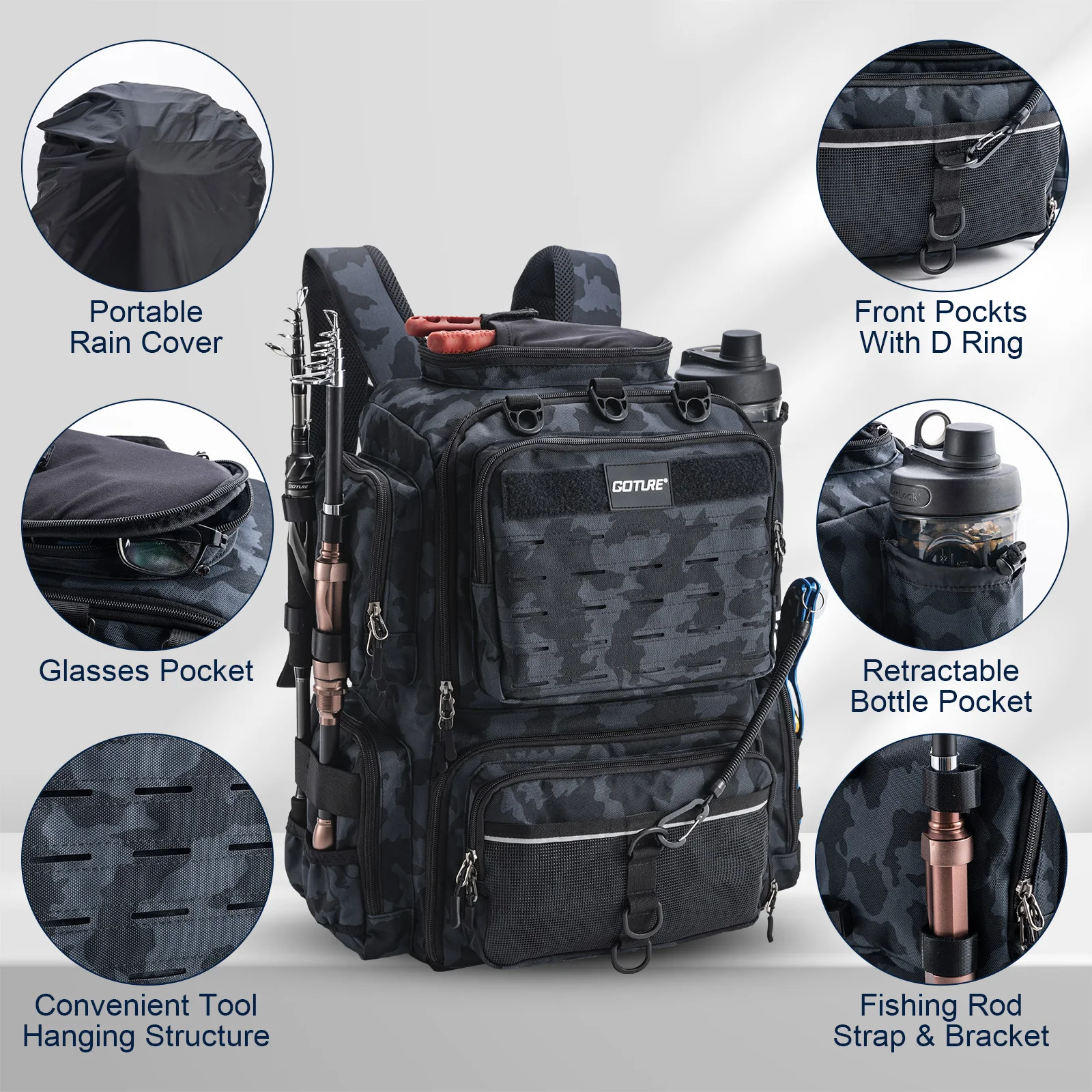 Goture Water-Resistant Fishing Backpack Lightweight Large Hiking Hunting Bag with Rod Holder Adjustable Tackle Storage Pack - Image 3