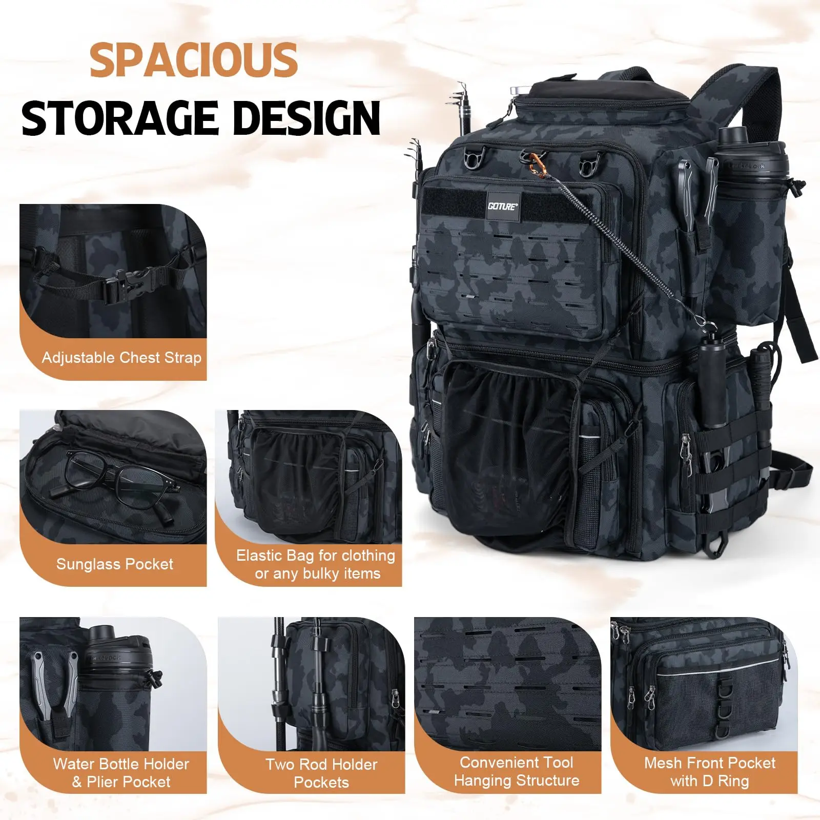 Goture Water-Resistant Fishing Backpack Lightweight Large Hiking Hunting Bag with Rod Holder Adjustable Tackle Storage Pack Goture Water-Resistant Fishing Backpack Lightweight Large Hiking Hunting Bag with Rod Holder Adjustable Tackle Storage Pack
