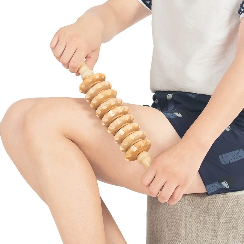 Body Fascia Massager Anti-slip Handle Wood Grooved Gear Arms Legs Thighs Buttocks Smooth Roller Massager for Back Relaxation - Image 5