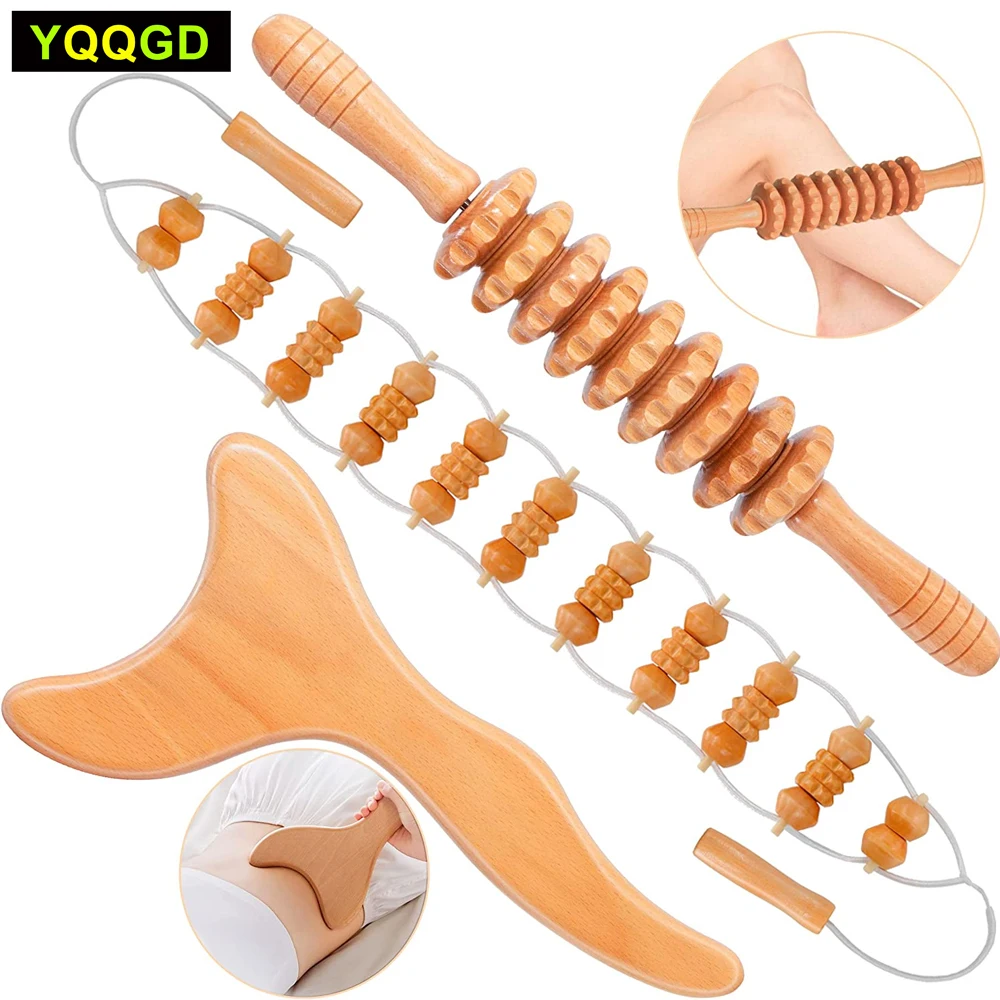 Wood Therapy Massage Tools,Maderoterapia Kit, Wooden Massage Roller Stick & Back Massager Roller Rope for Body Shaping