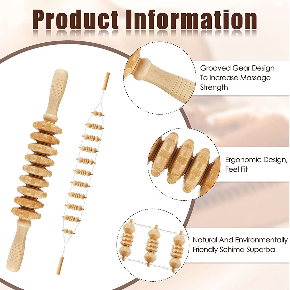 Wood Therapy Massage Tools,Maderoterapia Kit, Wooden Massage Roller Stick & Back Massager Roller Rope for Body Shaping