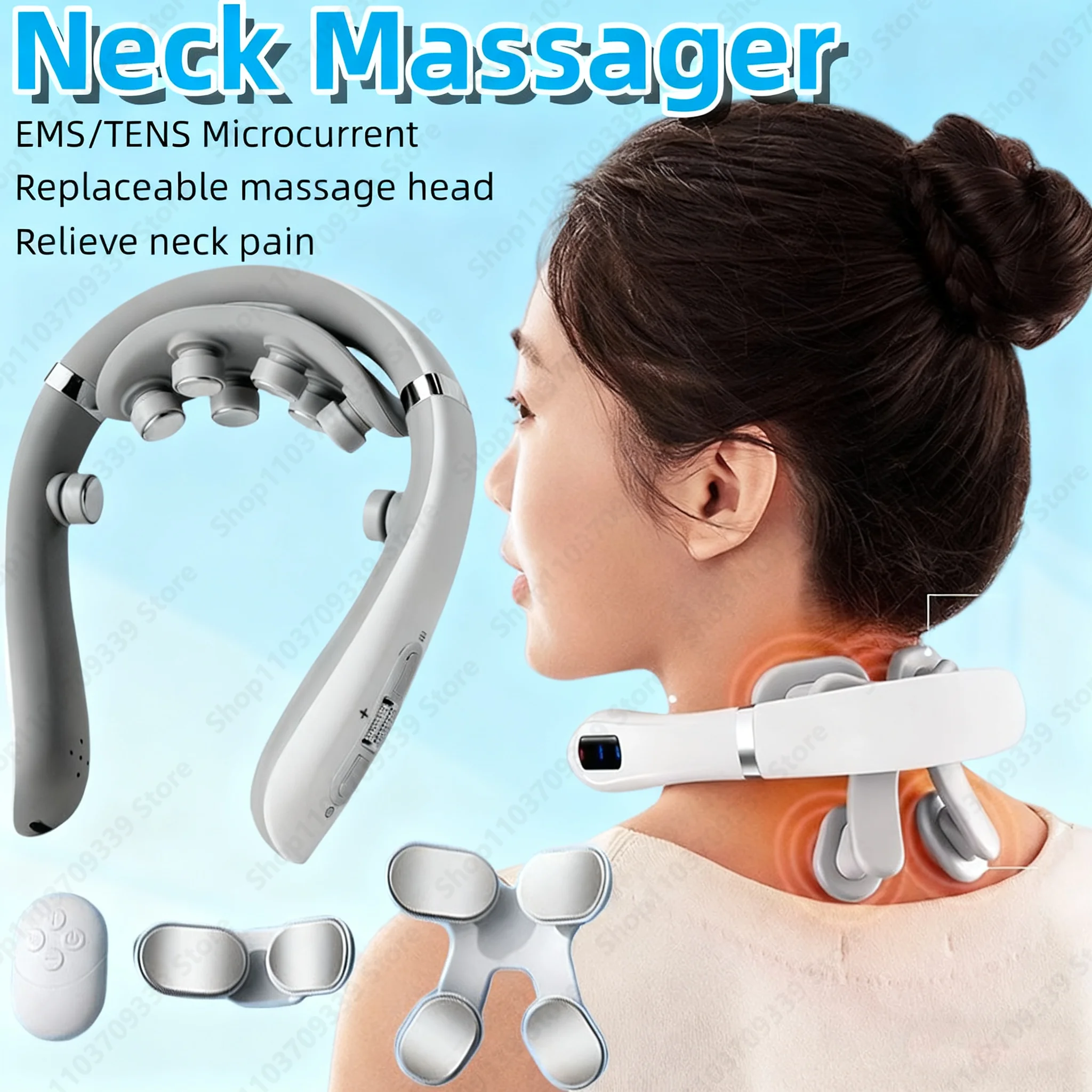 Neck Massager Electric Microcurrent Multi-Head Replaceable Wireless Knead Shiatsu Heating Vibration Cervical Shoulder Massager - Image 2